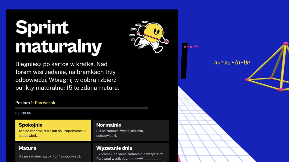 Ekran startowy gry z poziomem gracza i wyborem trybu: Spokojnie, Normalnie, Matura, Wyzwanie dnia